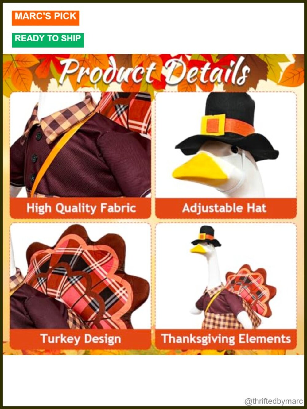 Turkey Porch Goose Outfits Fits 23 Inch Statue Fall Plaid Pumpkin Lawn Decor - Picture 3 of 6